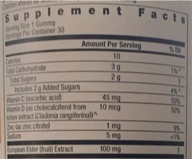 Kids' Elderberry Gummies nutrition facts table