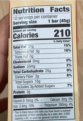 Banana Chocolate Chip Bars nutrition facts table