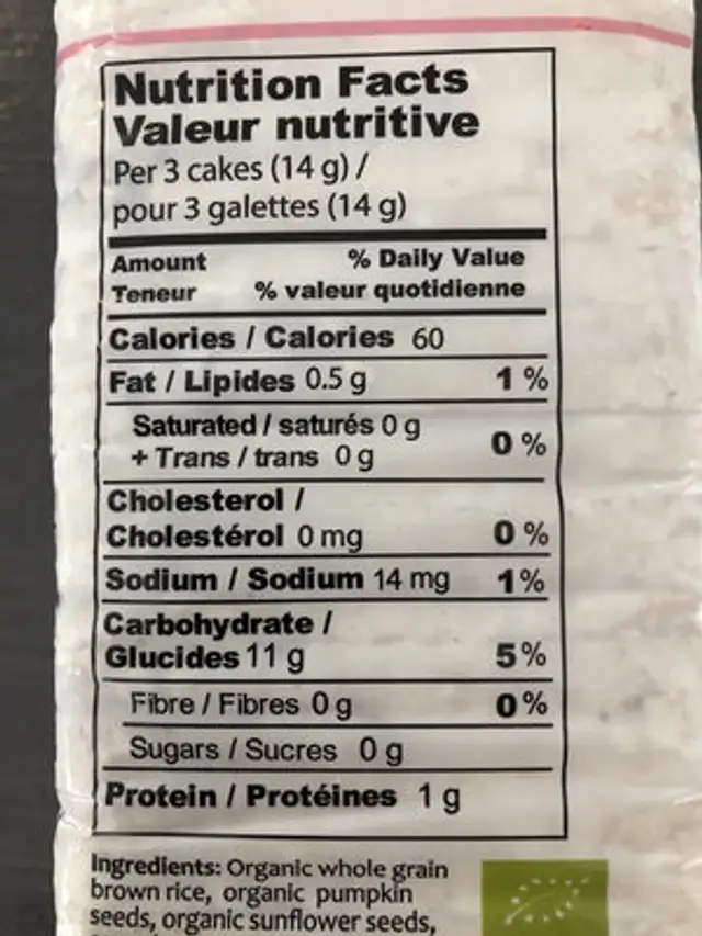 Galettes minces de riz soufflé nutrition facts table