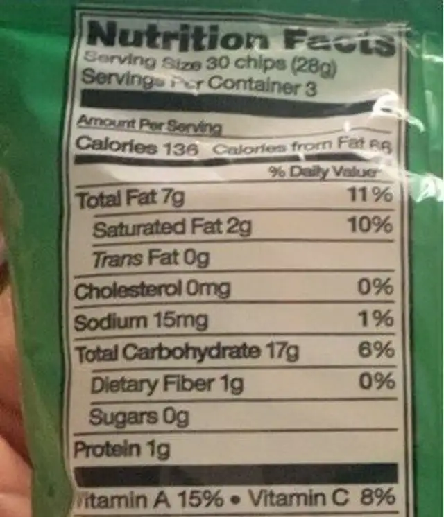 Plantain Chips nutrition facts table
