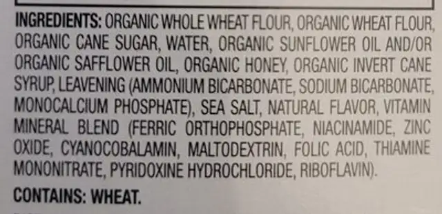 Organic Crunchin' Grahams Honey Sticks ingredients label