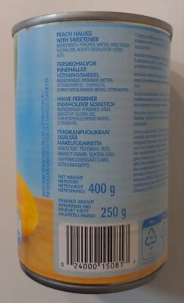 Del Monte Fersken Halve Diet 400g ingredients label