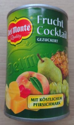 Fruchtcocktail , mit köstlichem Pfirsichmark front packaging