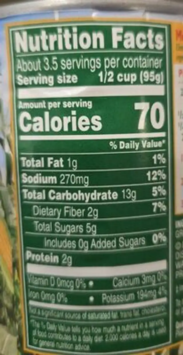Summer Crisp Mexican Corn nutrition facts table