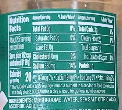 Sliced Mushrooms nutrition facts table