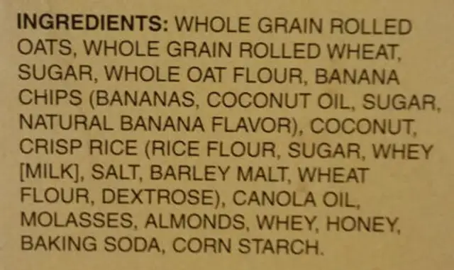Banana Nut Whole Grain Granola Cereal With Bananas & Almonds ingredients label