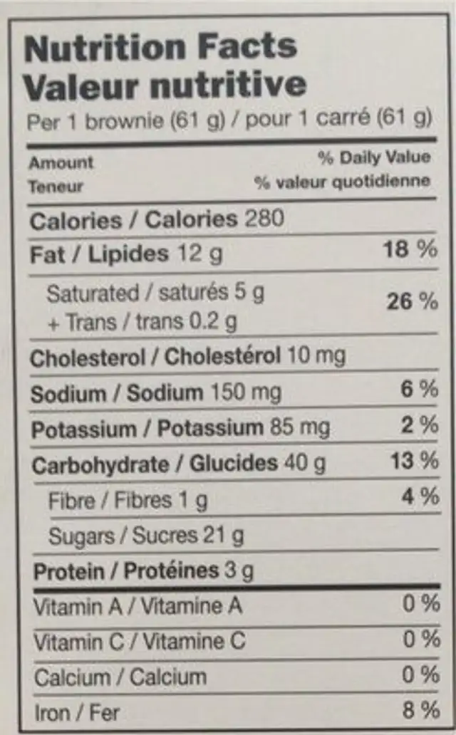 Fudge Brownies nutrition facts table