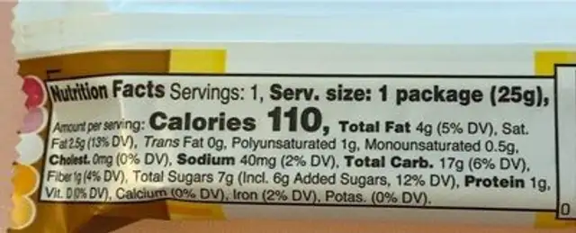 Banana Oat Chewy Granola Bar nutrition facts table