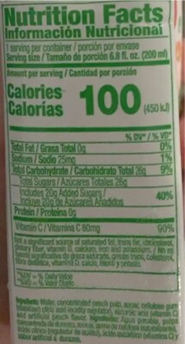 Néctar Durazno nutrition facts table