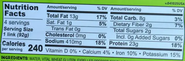 Plant-Based Sausage Italian nutrition facts table