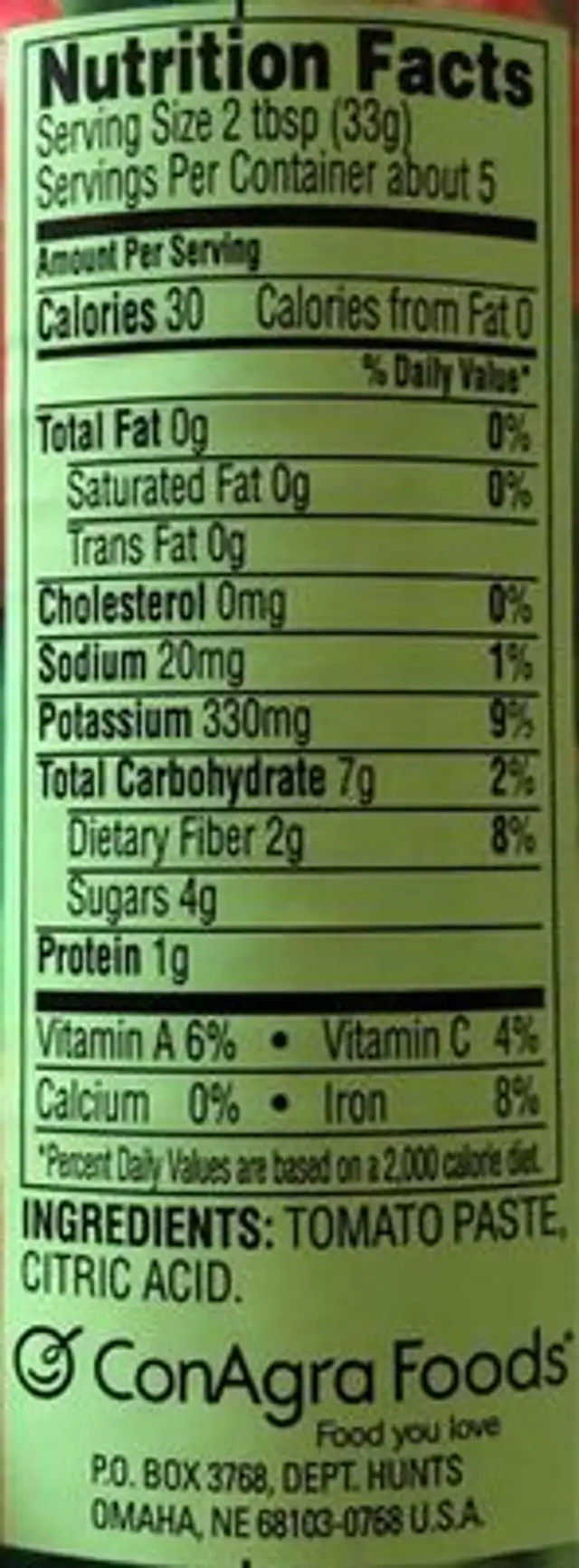Tomato Paste nutrition facts table