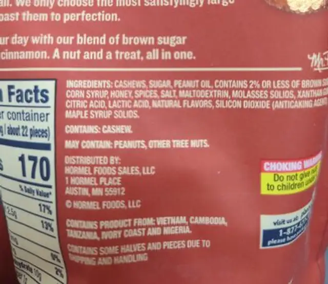 Cinnamon & Brown Sugar Cashews ingredients label