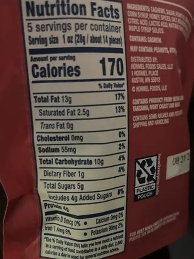 Cinnamon & Brown Sugar Cashews nutrition facts table