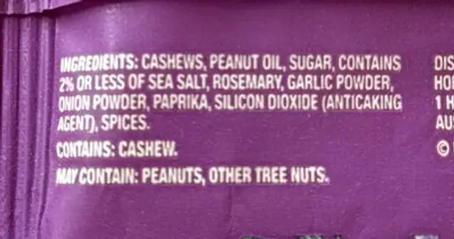 Cashews, Rosemary Sea salt ingredients label