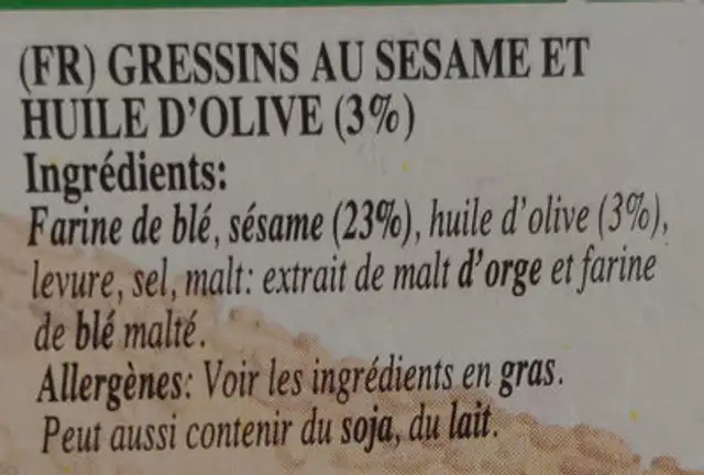 Sesame Seed Breadsticks ingredients label