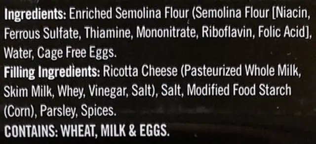 Raviolini ingredients label