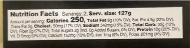 Raviolini nutrition facts table