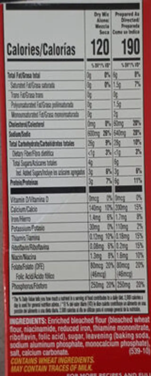 Aunt Jemima Original Pancake & Waffle Mix 1 Pound Box nutrition facts table