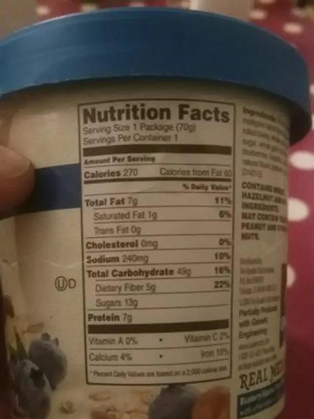 Blueberry hazelnut oatmeal + whole blueberries, chopped roasted hazelnuts, and multigrains, blueberry hazelnut ingredients label