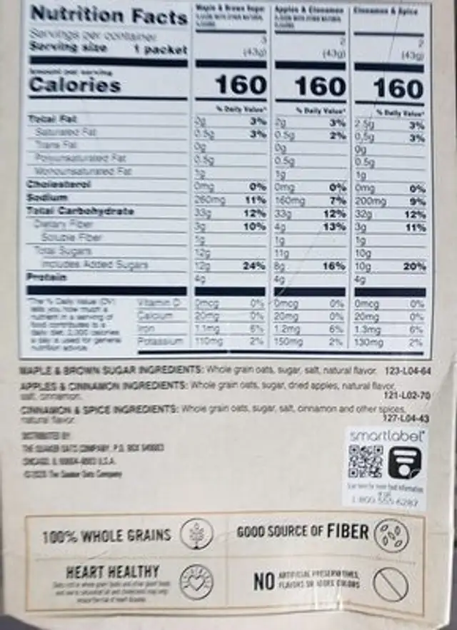 Instant oatmeal flavor variety ingredients label