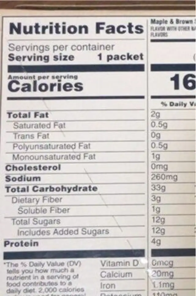 Instant oatmeal flavor variety nutrition facts table