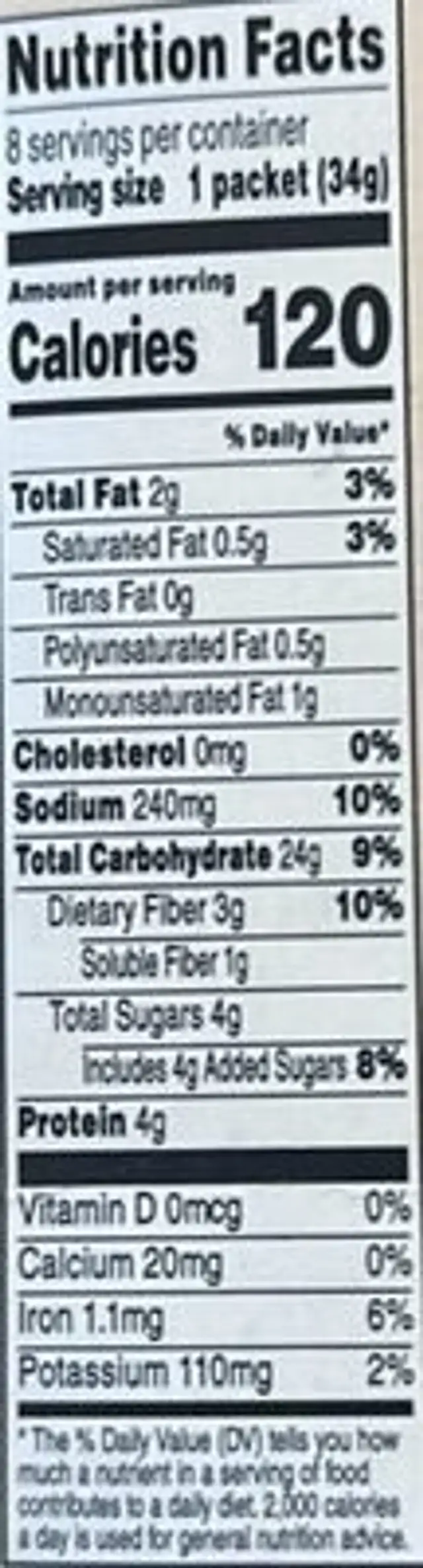 Instant Oatmeal Maple & Brown Sugar nutrition facts table