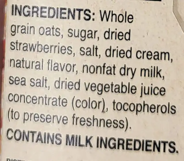INSTANT OATMEAL STRAWBERRIES & CREAM ingredients label