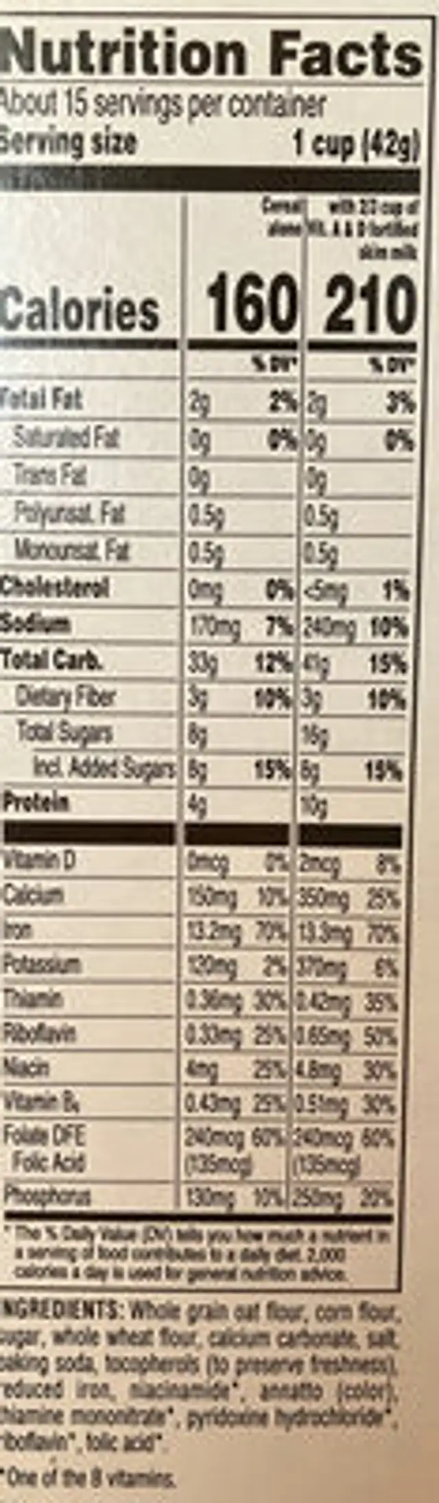Life multigrain cereal original nutrition facts table