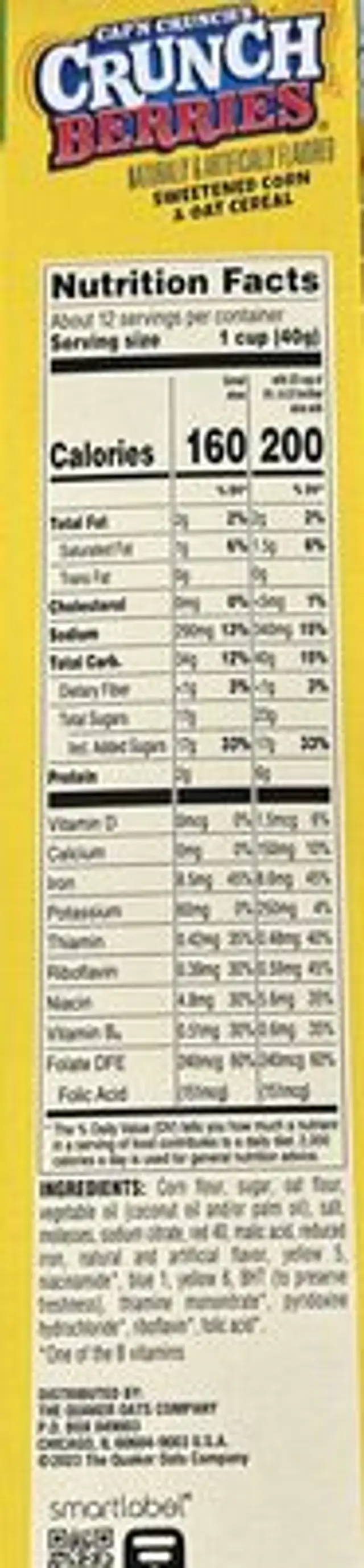 Crunch Berries nutrition facts table