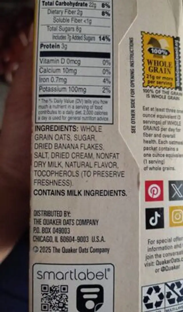 Bananas And Cream Instant Oatmeal ingredients label