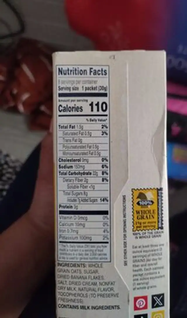 Bananas And Cream Instant Oatmeal nutrition facts table