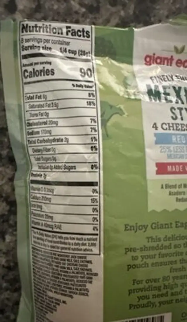 Fancy Shredded Mexican 4 Cheese Blend nutrition facts table