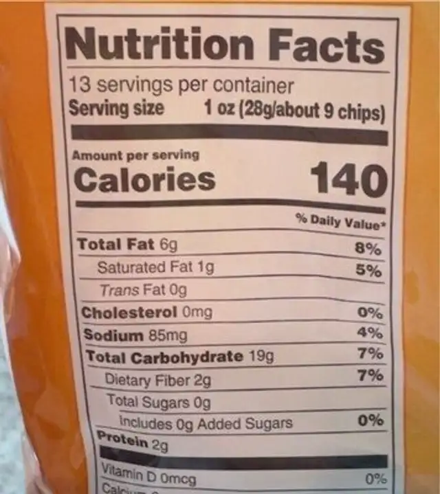 White Rounds Tortilla Chips nutrition facts table