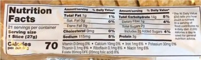 Split Top Wheat Bread nutrition facts table