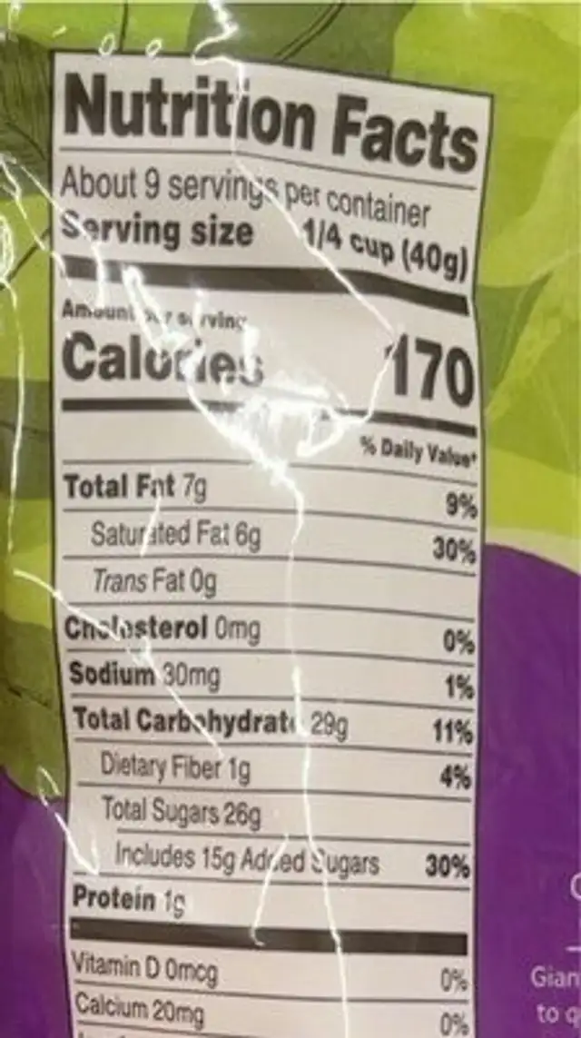 coated vanilla yogurt raisins nutrition facts table