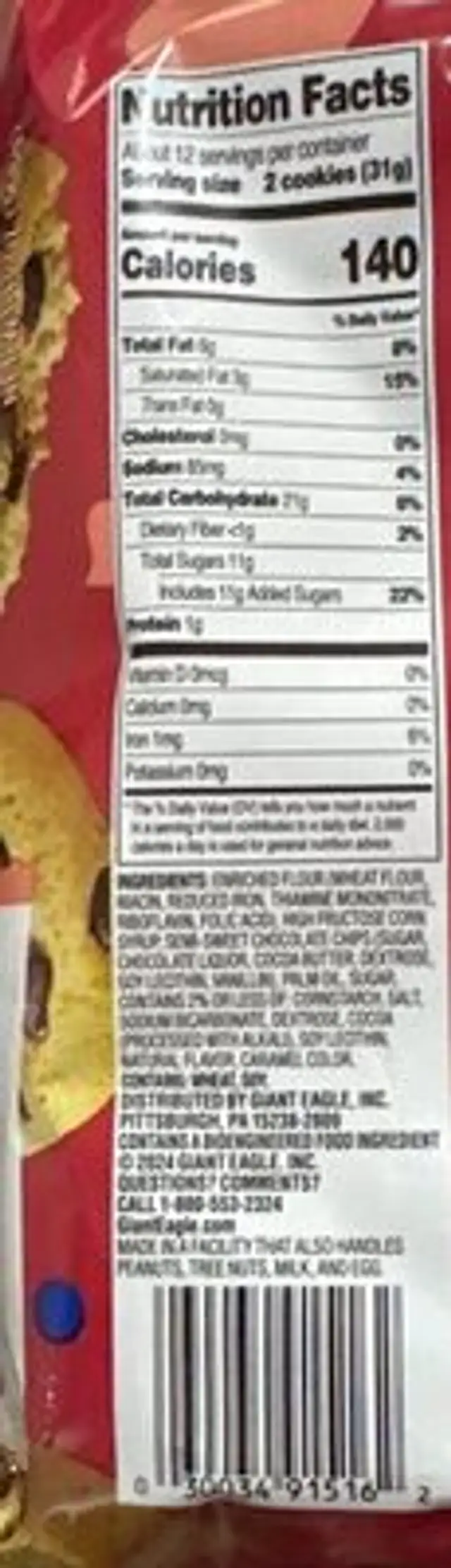 Chewy Chocolate Chip Cookies nutrition facts table