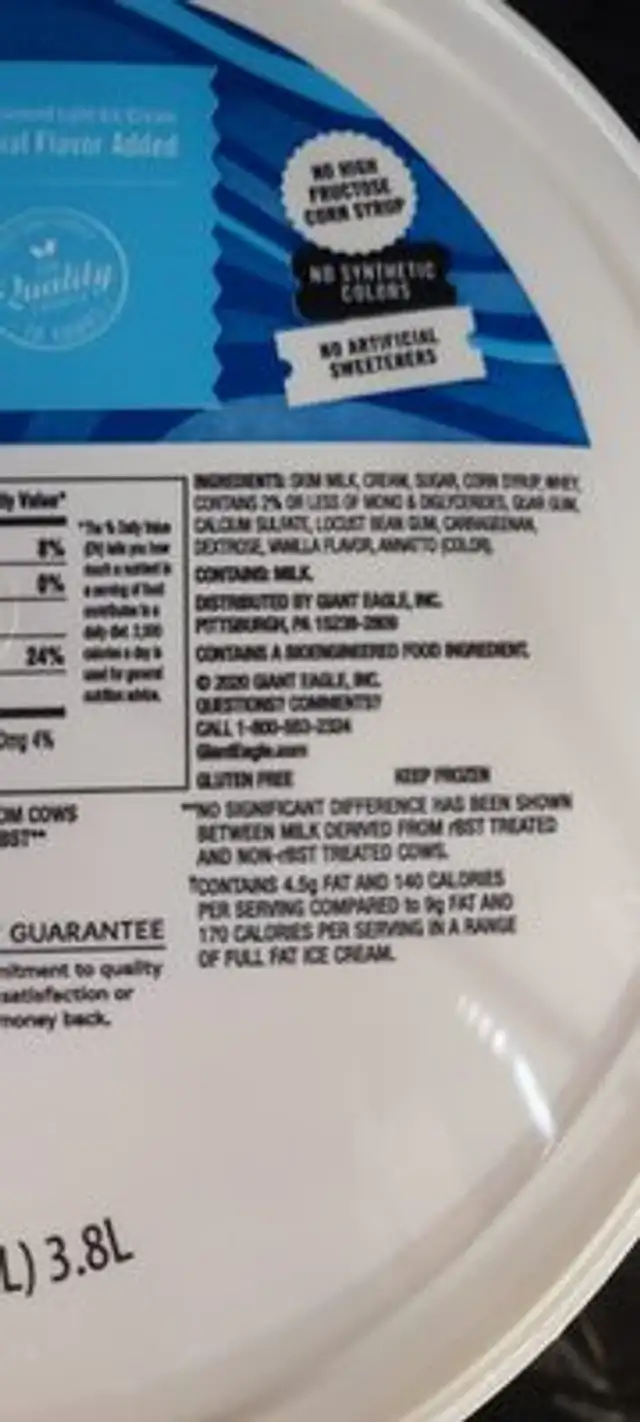 Ice cream ingredients label