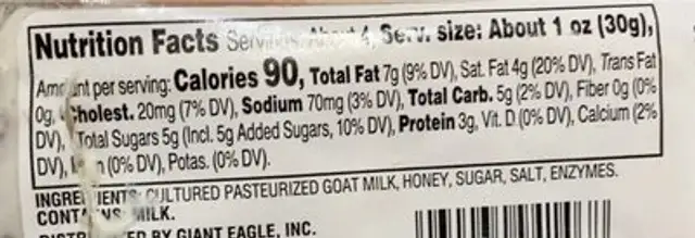 goat cheese honey nutrition facts table