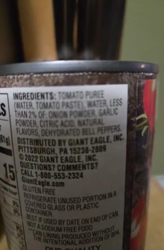 No Sauce Added (1\2 cup) ingredients label