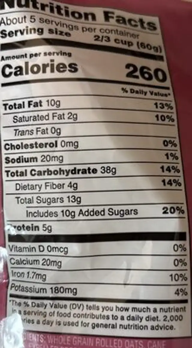Fruit & Nut Granola nutrition facts table