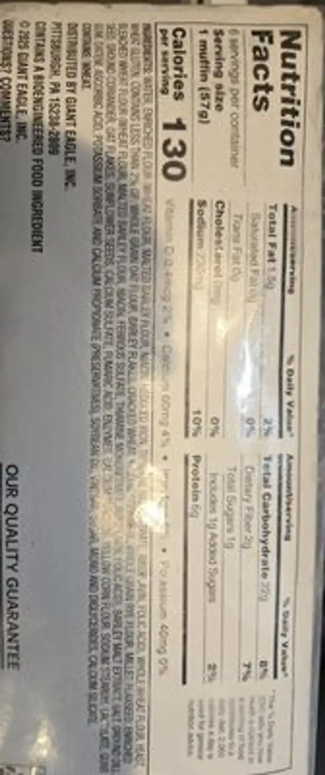Multigrain English Muffin nutrition facts table