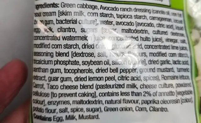 Avocado ranch ingredients label