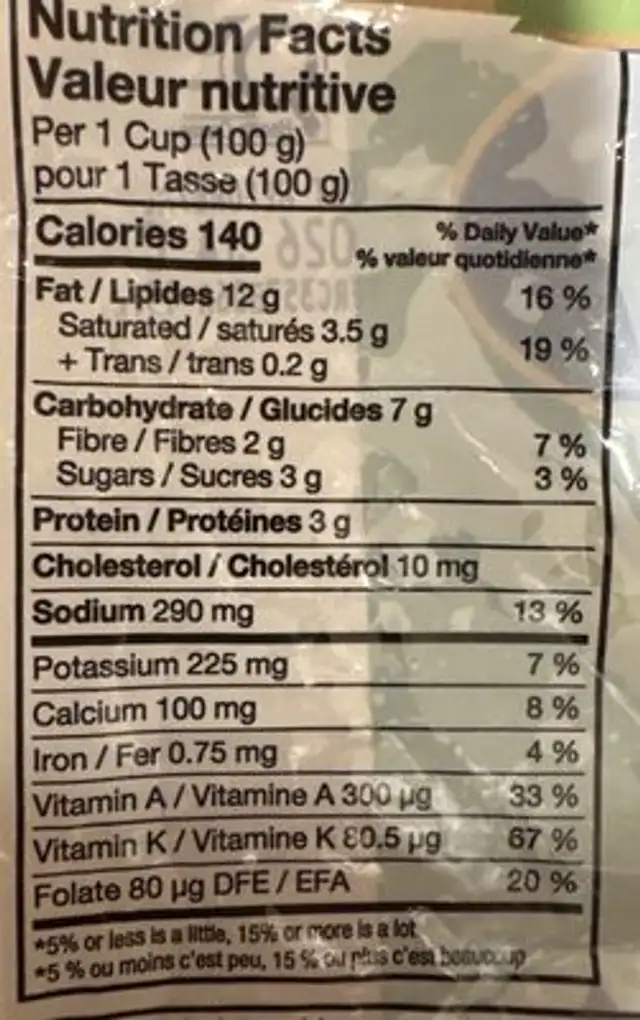 Jalapeno Popper Chopped Kit nutrition facts table
