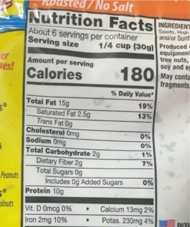 Roasted No Salt Pepitas, Shelled Pumpkin Seeds nutrition facts table