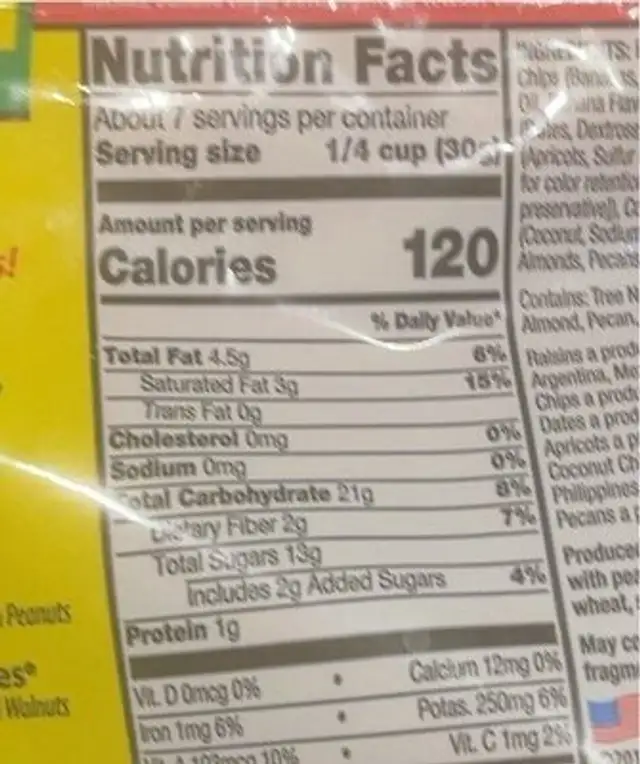 California Mix nutrition facts table