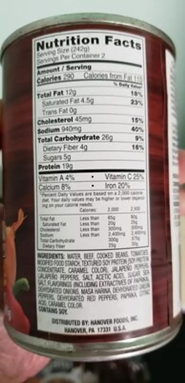 Chili with Beans ingredients label
