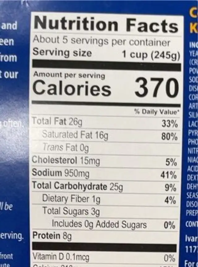 Puget Sound Clam Chowder with Bacon nutrition facts table