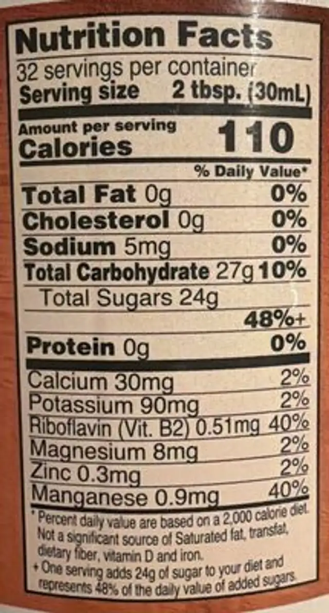 Pure Maple Syrup nutrition facts table