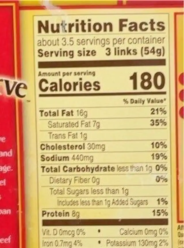 Brown'n Serve Beef Sausages nutrition facts table