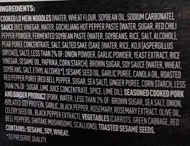 Korean Inspired Pork ingredients label